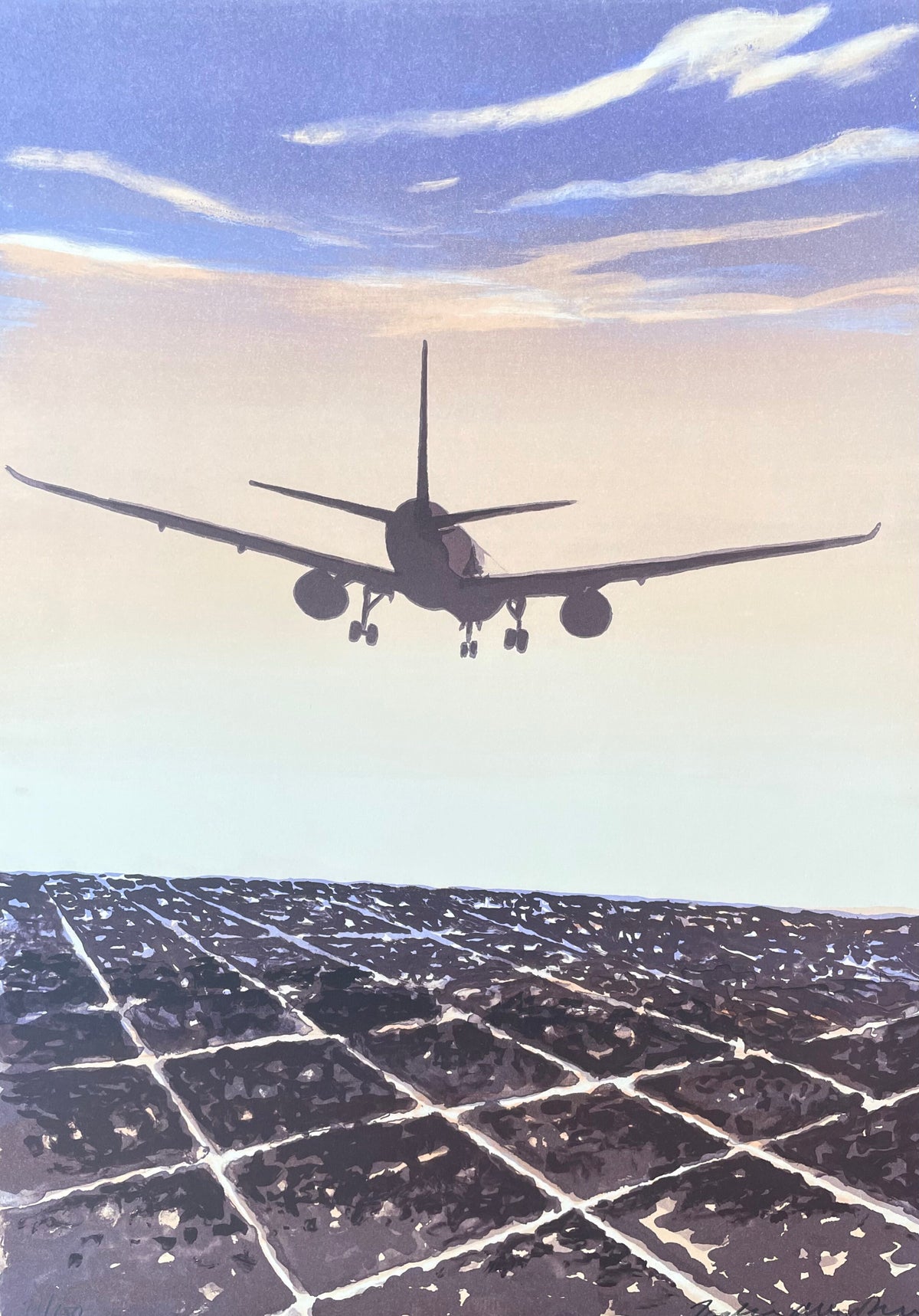 Konstverk med titeln "Landing" av konstnären Joakim Allgulander, föreställande ett flygplan som närmar sig marken för landning över ett rutmönstrat landskap.