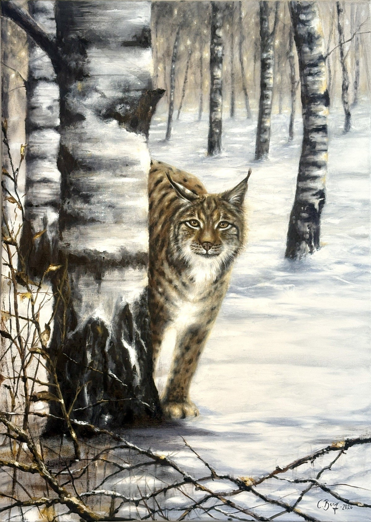 Caroline Bergs målning ”Lodjur”, 50 × 70 cm, utförd i olja. Motivet föreställer ett lodjur och verket presenteras av Galleri Mats Bergman.