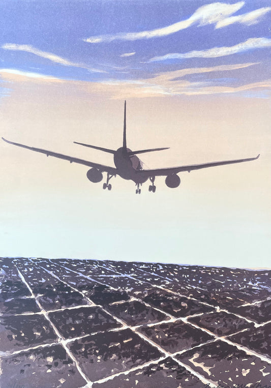 Konstverk med titeln "Landing" av konstnären Joakim Allgulander, föreställande ett flygplan som närmar sig marken för landning över ett rutmönstrat landskap.