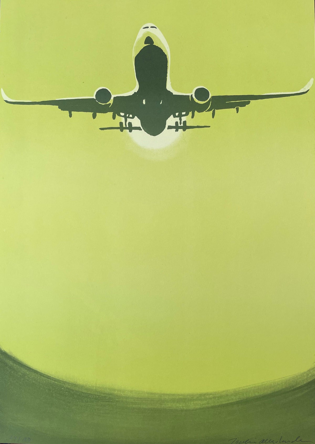 Konstverk med titeln "Takeoff" av konstnären Joakim Allgulander, föreställande en silhuett av ett flygplan som stiger uppåt mot en ljusgrön himmel.