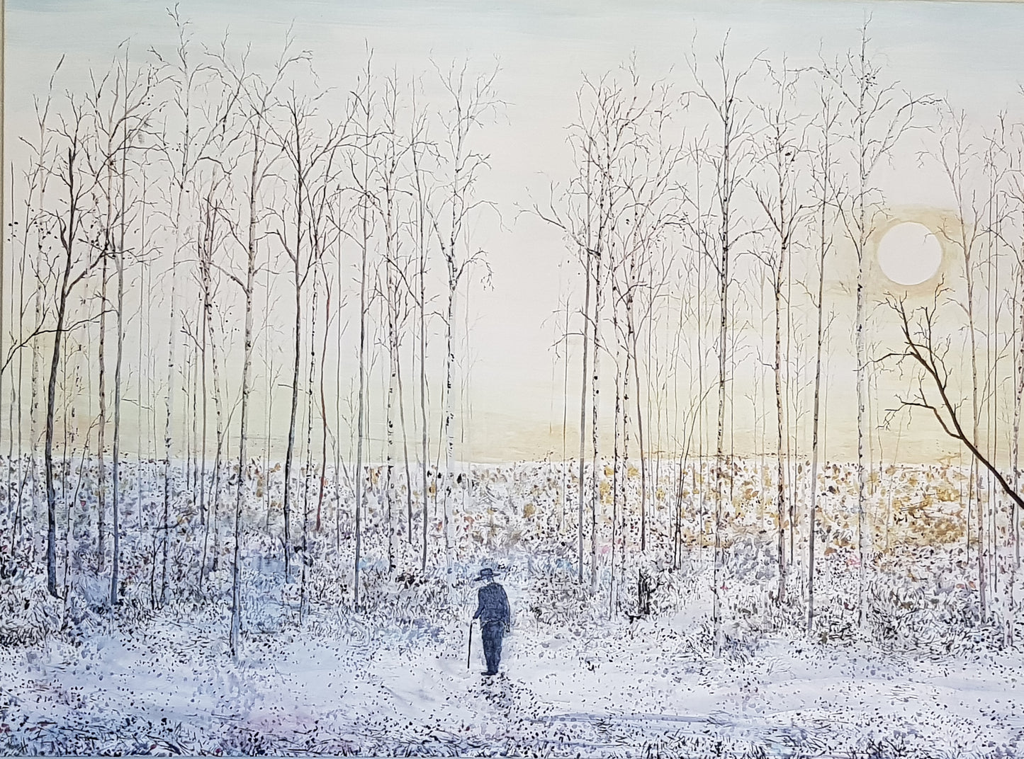 Målning av Fredrik Lindberg med titeln "Gula Blend himlar och björkskog", som visar en person med käpp som vandrar i en snöklädd björkskog under en blek sol.